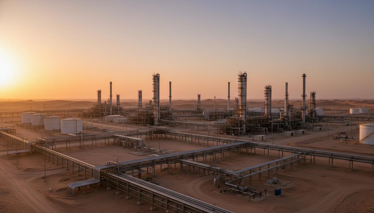 Промышленная площадка нефтеперерабатывающего завода в пустыне с сетью трубопроводов на закате