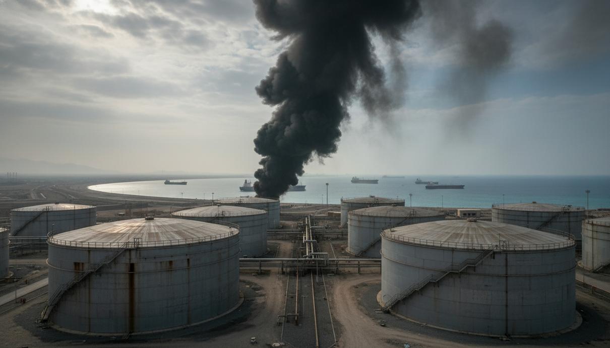 Иран атаковал нефтяную инфраструктуру ОАЭ: цена Brent выросла до 114 долларов Масштабный пожар и густой черный дым над резервуарами с нефтью в промышленной зоне порта.