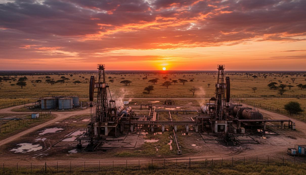 Промышленная площадка для бурения нефтяных скважин и резервуары в саванне на фоне заката.