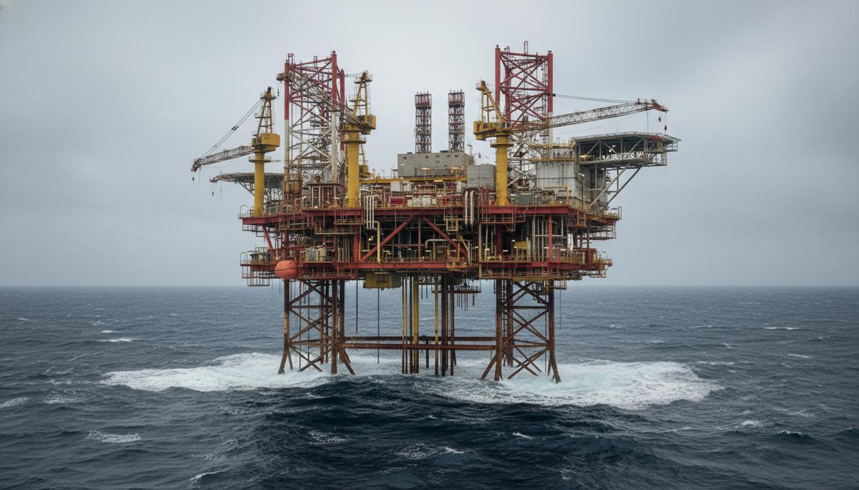 Нефтяная платформа в Северном море с буровым оборудованием и стальными конструкциями на палубе