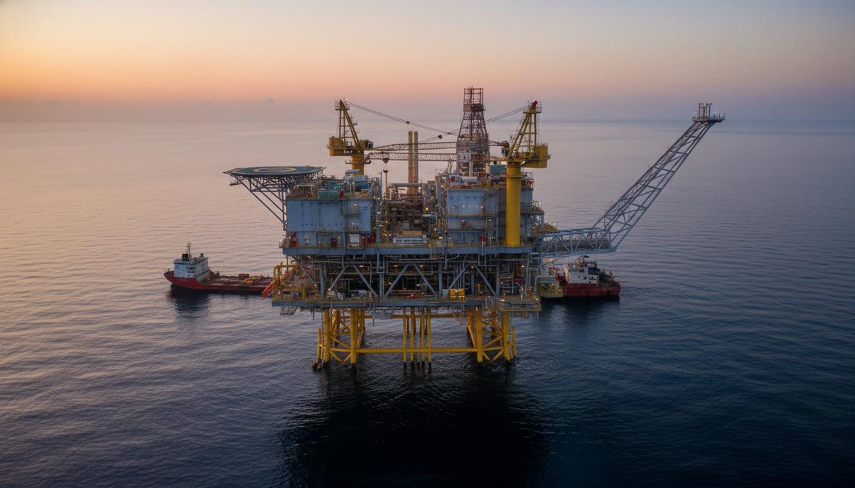 Глубоководная нефтяная платформа Appomattox в Мексиканском заливе на закате