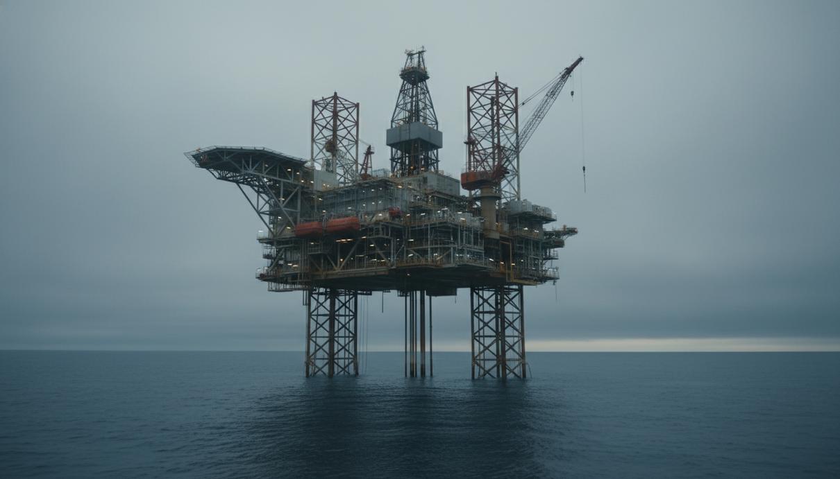 Нефтяная добывающая платформа в открытом море на фоне пасмурного неба