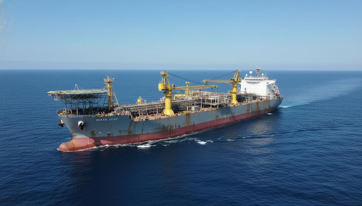 Крупнотоннажное судно FPSO на морском горизонте с установленным оборудованием спутниковой связи.