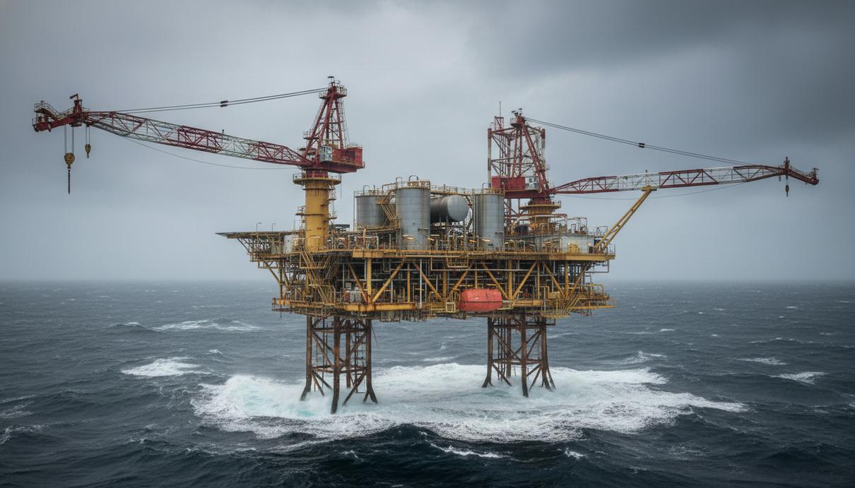 Нефтяная буровая установка в Северном море на фоне штормовых волн и пасмурного неба.