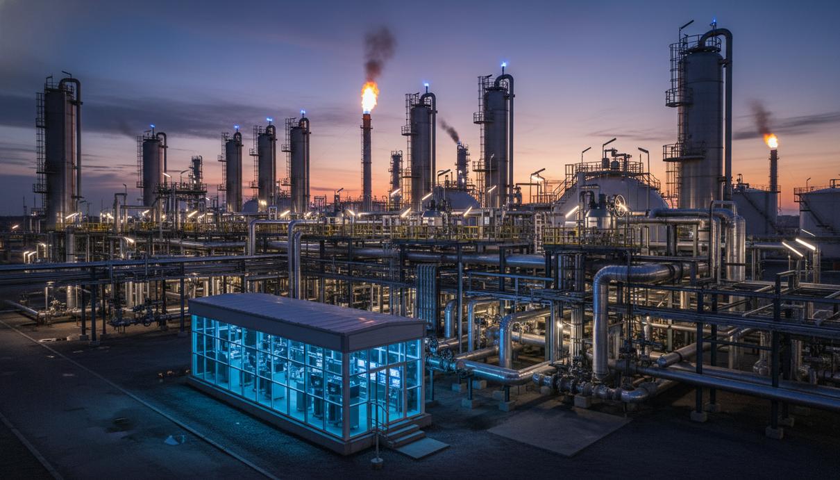Промышленные трубы и задвижки нефтегазового объекта с установленными цифровыми датчиками мониторинга