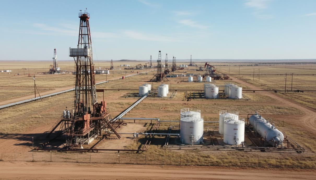 Diversified и Carlyle приобретут активы в Оклахоме за 1,175 млрд долларов Буровые установки и резервуары для хранения углеводородов на фоне равнинного пейзажа Оклахомы.