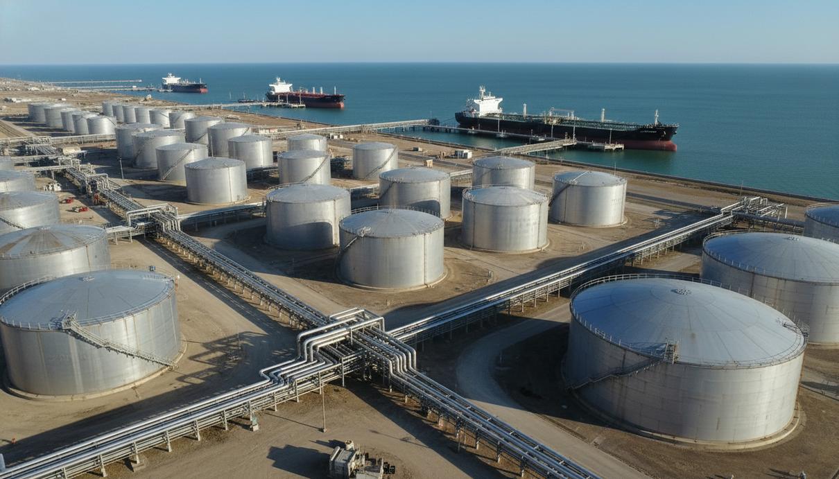 Техас наращивает экспорт нефти на фоне нестабильности на Ближнем Востоке Морской порт с терминалами для хранения нефти и крупными танкерами у причальной стенки
