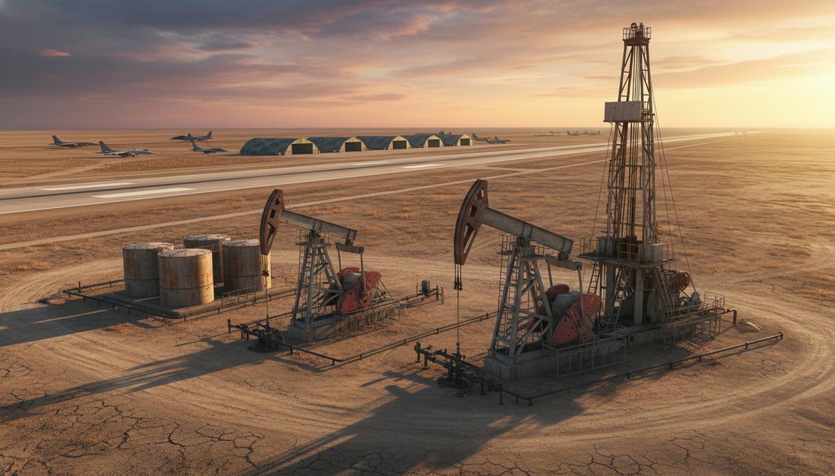 Нефтяная качалка на фоне ангаров и взлетной полосы военной базы на открытой местности