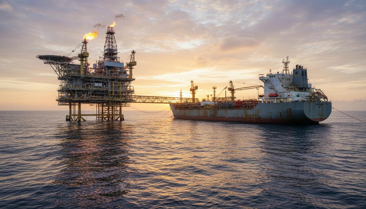 Морская нефтедобывающая платформа и судно для отгрузки сырья в открытом океане в лучах заходящего солнца
