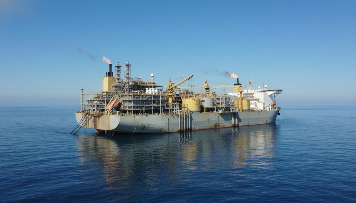 ExxonMobil: рост спроса на энергию требует ускорения темпов геологоразведки Плавучая установка для добычи и отгрузки нефти в открытом море на фоне ясного неба