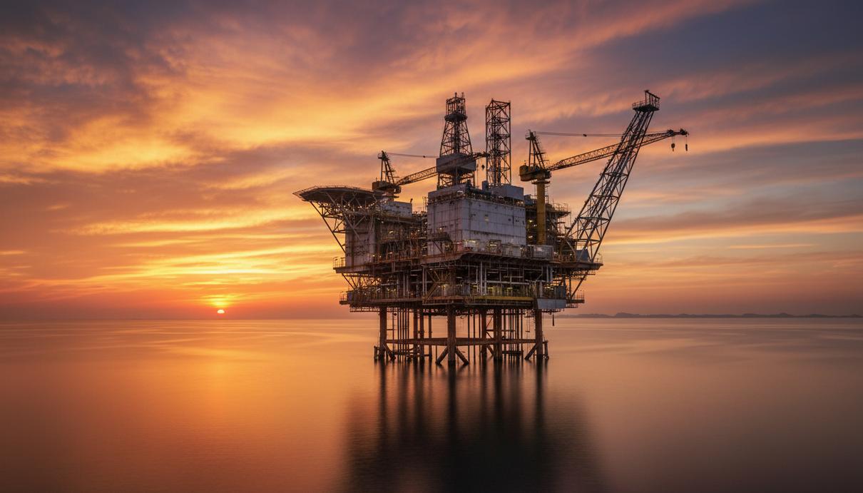 Rex International сменила операционного директора: им стал Майк Хопкинсон Вид на морскую нефтяную платформу и буровую установку в океане в лучах закатного солнца.