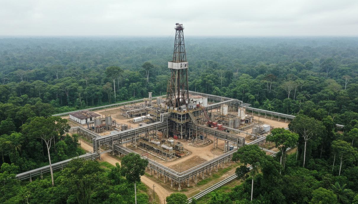 Промышленная площадка и буровая установка на нефтяном месторождении Бретанья в джунглях Перу.