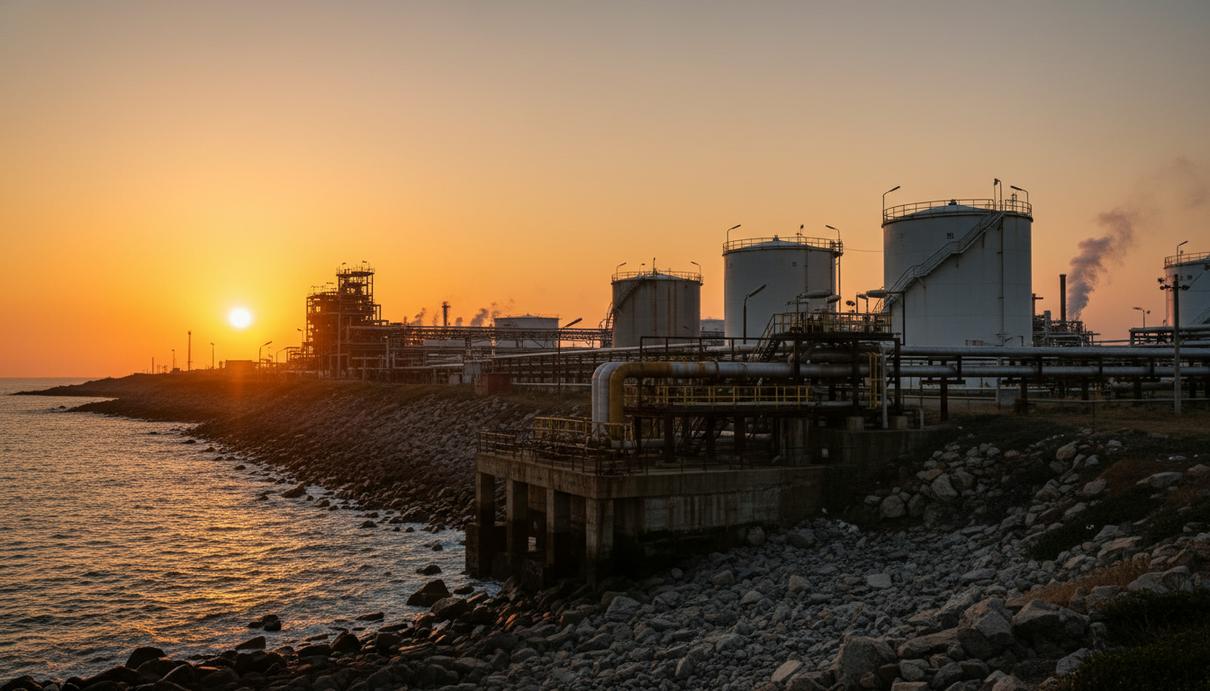 Нефтяной терминал с промышленными трубопроводами и резервуарами на берегу моря в сумерках