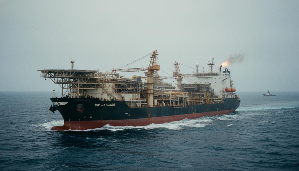 Контракт на работу FPSO «BW Catcher» в Северном море продлен до конца 2030 года Плавучая установка для добычи нефти BW Catcher в открытом море на фоне облачного неба