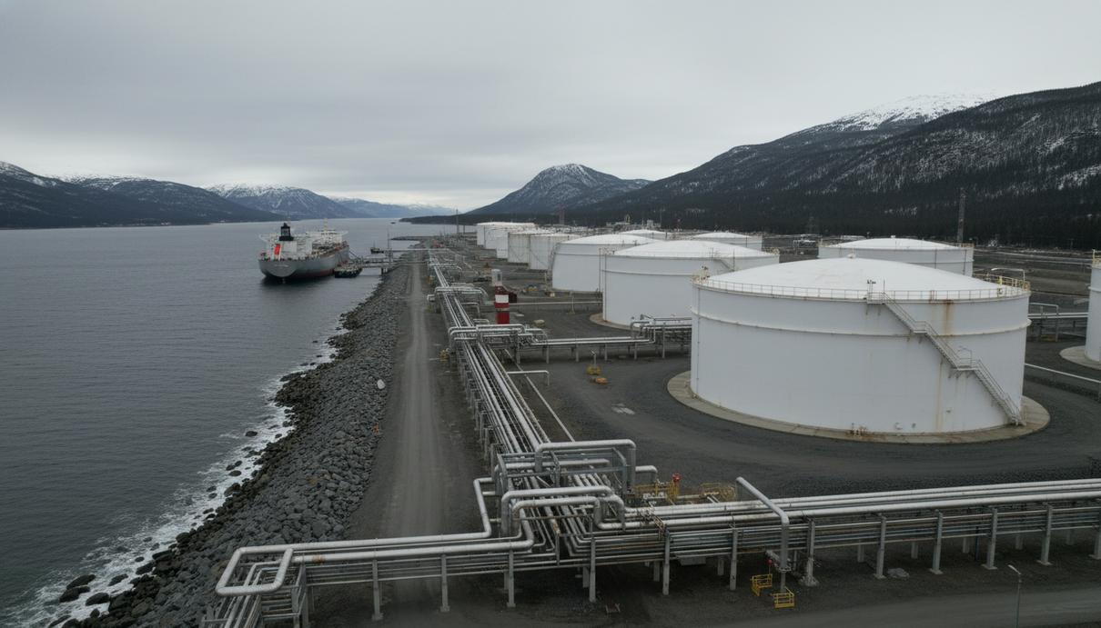 Крупный энергетический терминал с резервуарами для нефти и трубопроводами на морском побережье.