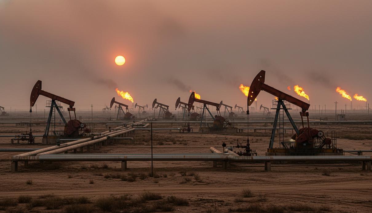 Промышленный пейзаж с нефтяными вышками, трубопроводами и горящим газовым факелом в вечернем небе