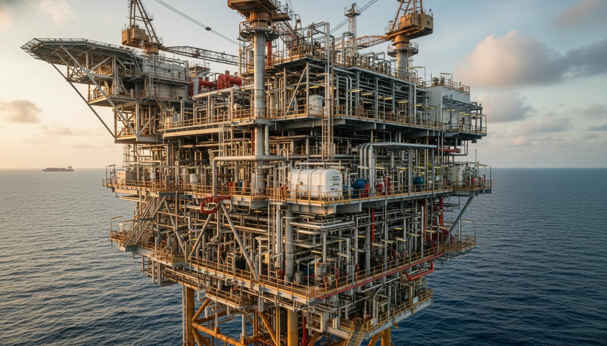 Вид на верхние строения глубоководной нефтяной платформы с сетью трубопроводов и оборудования в море
