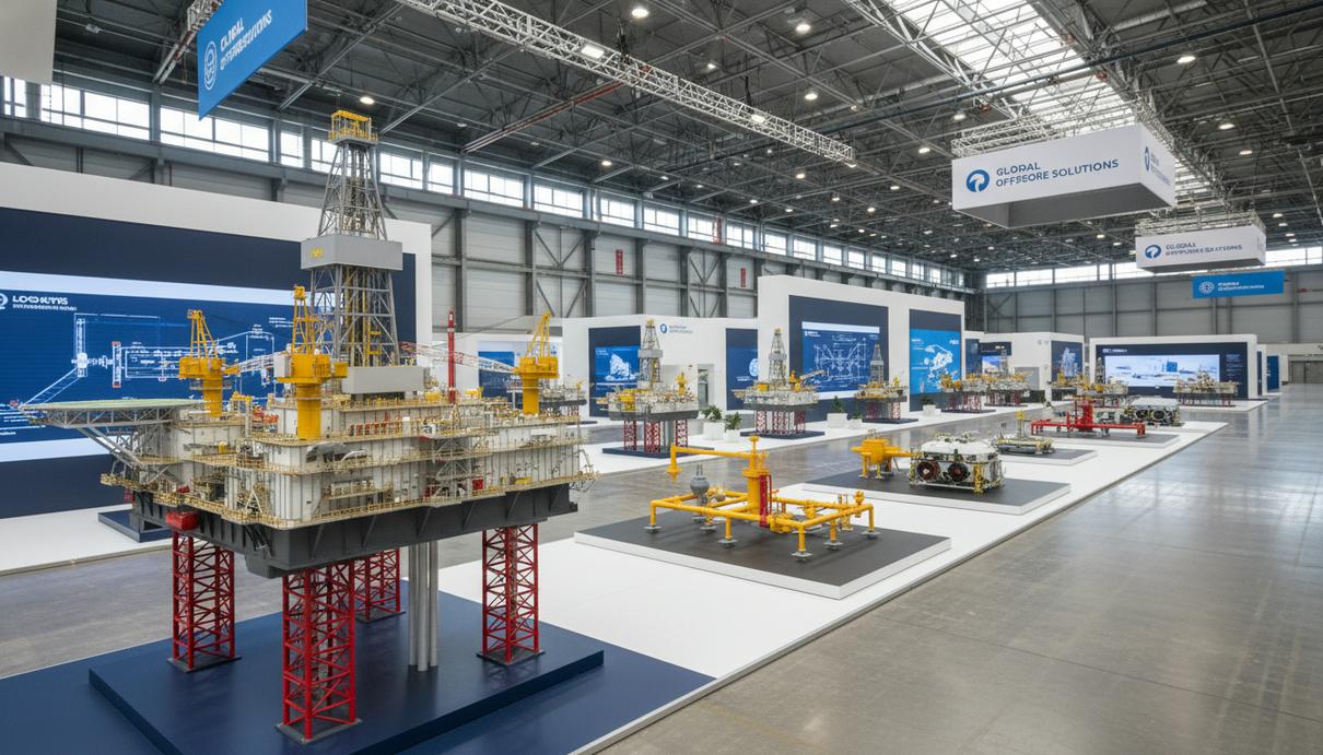Итоги конференции OTC 2026 в Хьюстоне: фокус на энергетическую безопасность Просторный выставочный зал с моделями морских буровых платформ и глубоководного оборудования.