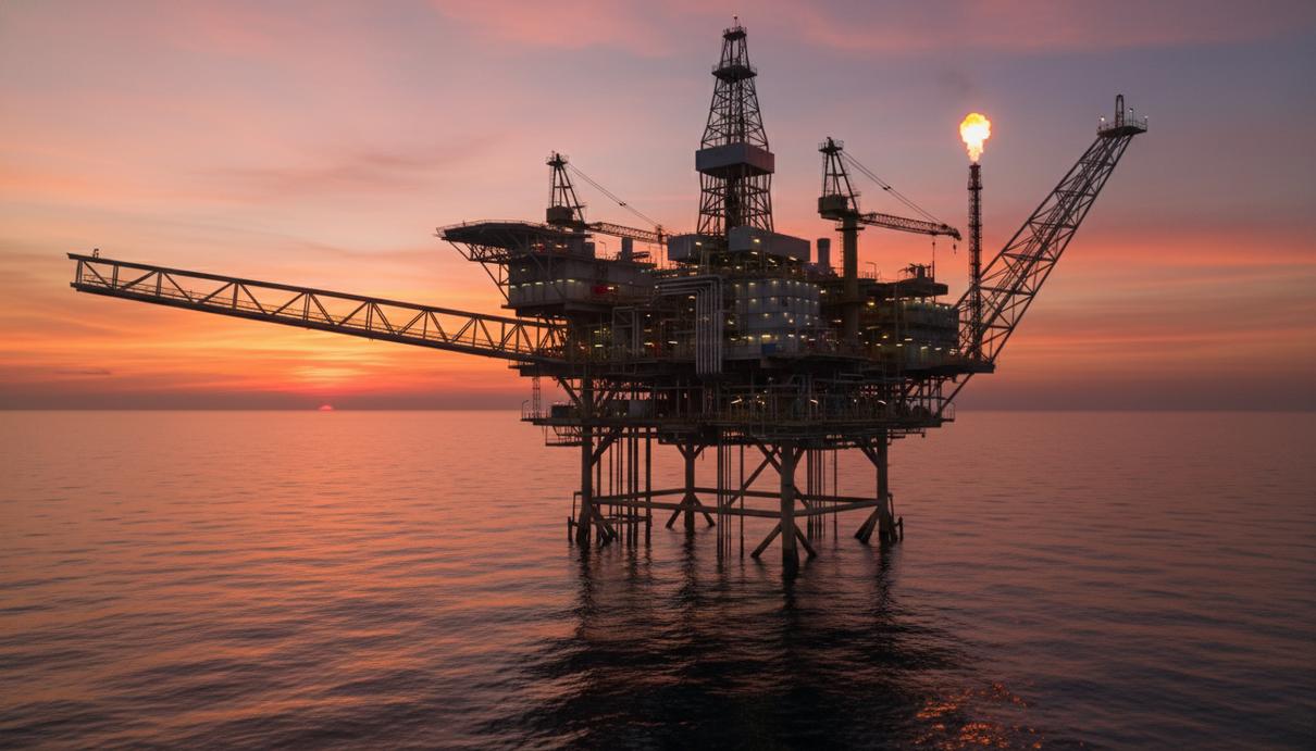 Оффшорная нефтедобывающая платформа с металлическими конструкциями в океане на закате