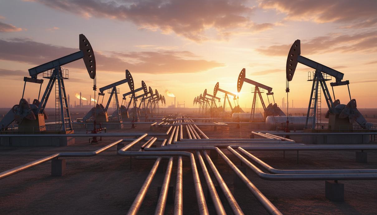 Промышленный пейзаж с нефтяными вышками-насосами и сетью трубопроводов на закате