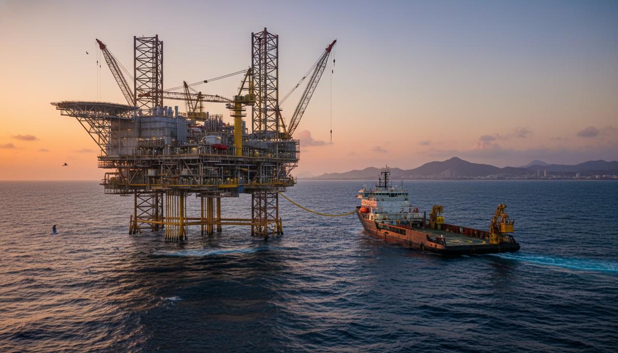 Буровая платформа и судно обеспечения на нефтяном месторождении в открытом океане у берегов Бразилии
