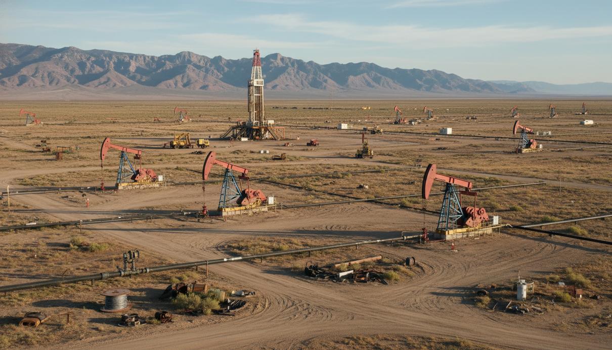 Нефтяные насосы и буровые установки на фоне засушливой равнины и гор на западе США