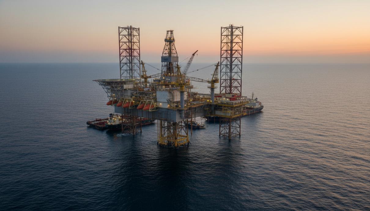 Морская нефтедобывающая платформа в Гвинейском заливе у побережья Габона на закате.