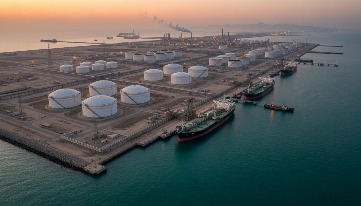 Нефтяной терминал в Персидском заливе с танкерами у причала и промышленными резервуарами