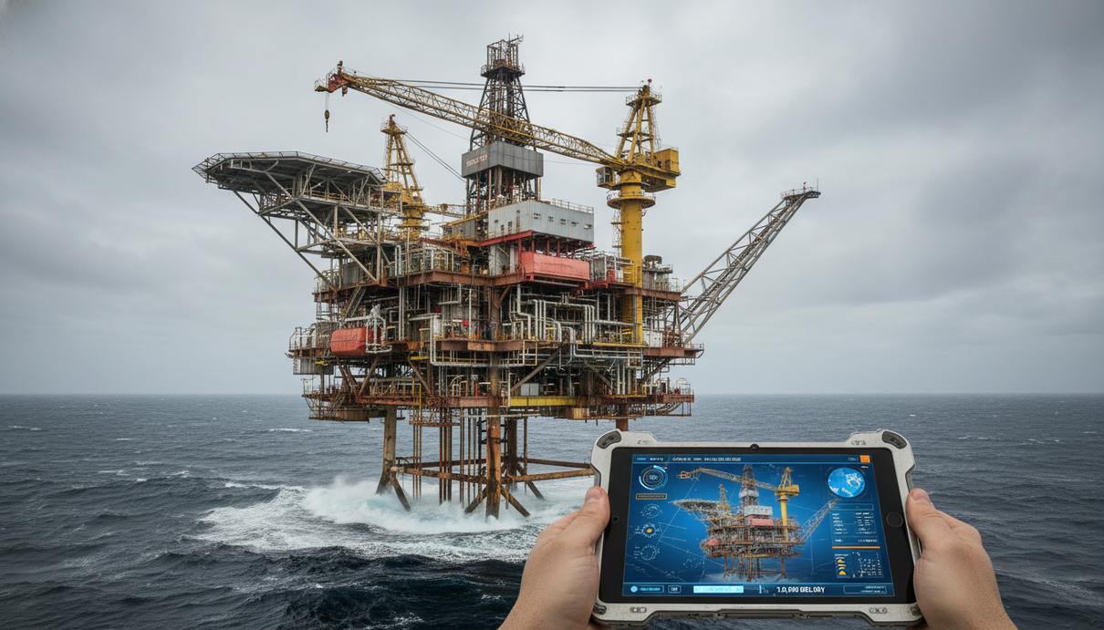 Металлоконструкции морской нефтяной платформы и промышленный планшет с графиками на переднем плане