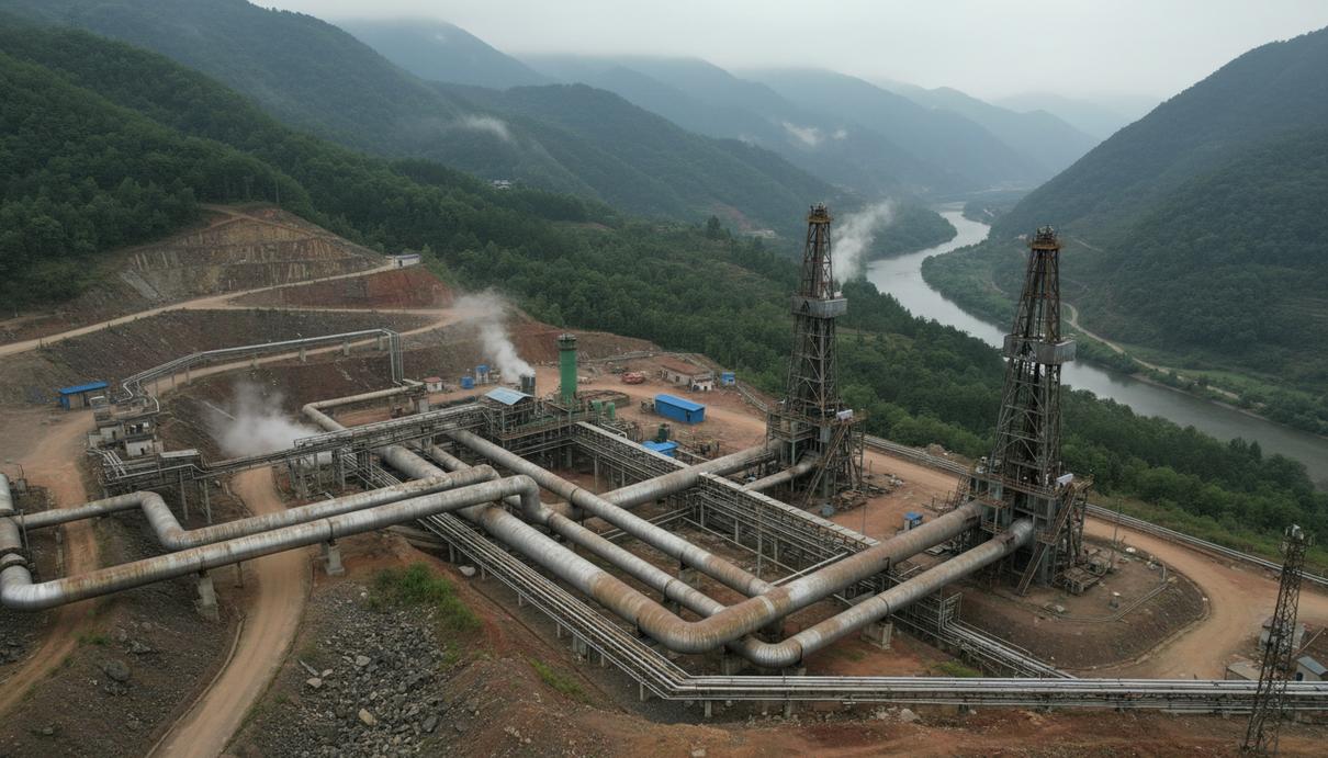 Sinopec открыла в Китае крупное месторождение сверхглубокого сланцевого газа Промышленная площадка по добыче газа с трубопроводами и оборудованием на фоне горного пейзажа.