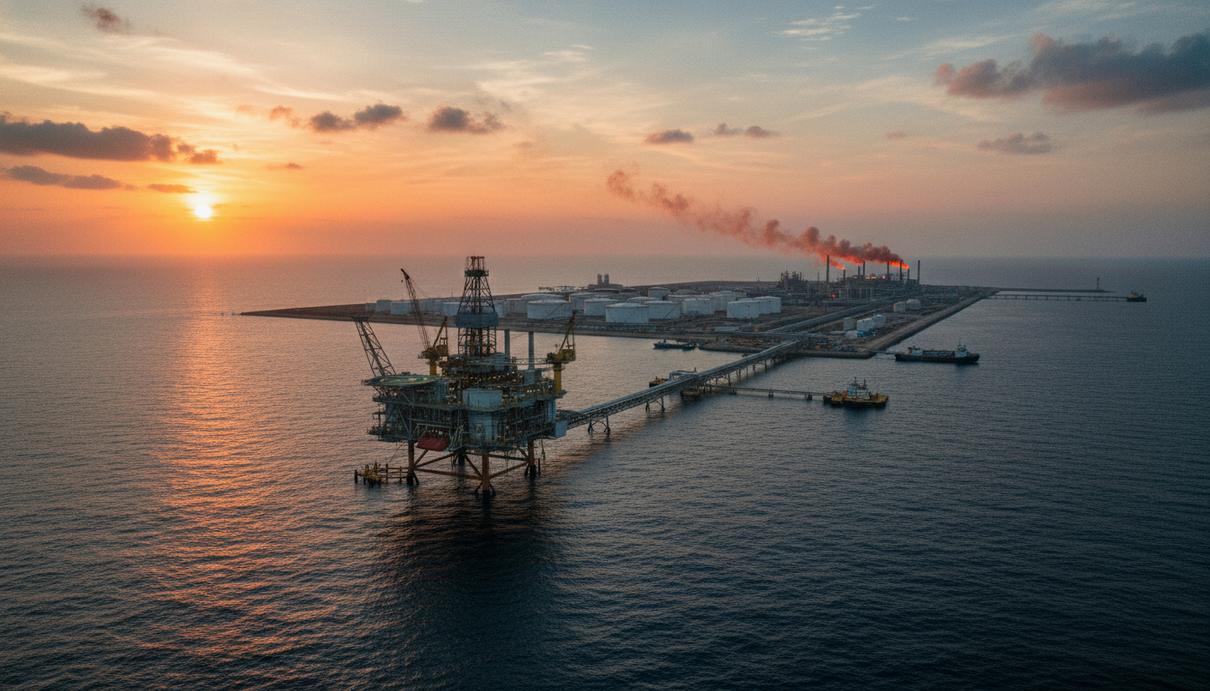 Сенегал инвестирует 7,5 млрд долларов в добычу газа: проект заменит импорт топлива Газовая платформа на шельфе океана и промышленная инфраструктура на побережье Сенегала в лучах заката