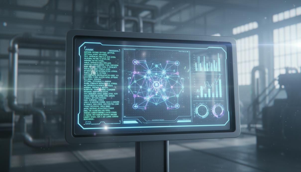 Cognite представила платформу для интеграции данных и промышленного ИИ Цифровой экран с графиками данных и схемами на фоне промышленного оборудования