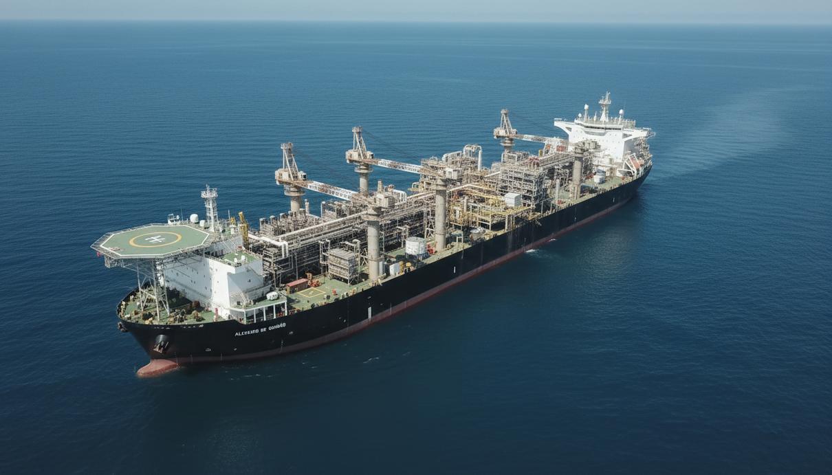 Плавучая нефтедобывающая установка в открытом море на глубоководном шельфе Бразилии
