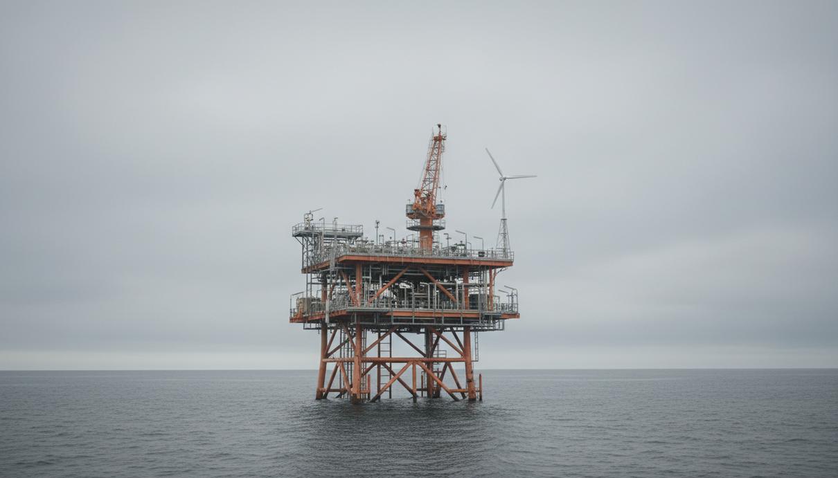 Perenco возобновила добычу газа в Северном море: реновация месторождения Davy Газовая платформа Davy в Северном море с установленной на палубе ветряной турбиной на фоне неба.