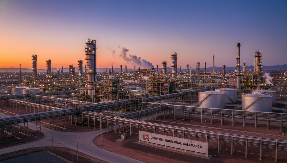 Промышленный пейзаж нефтеперерабатывающего завода с ректификационными колоннами и трубопроводами.
