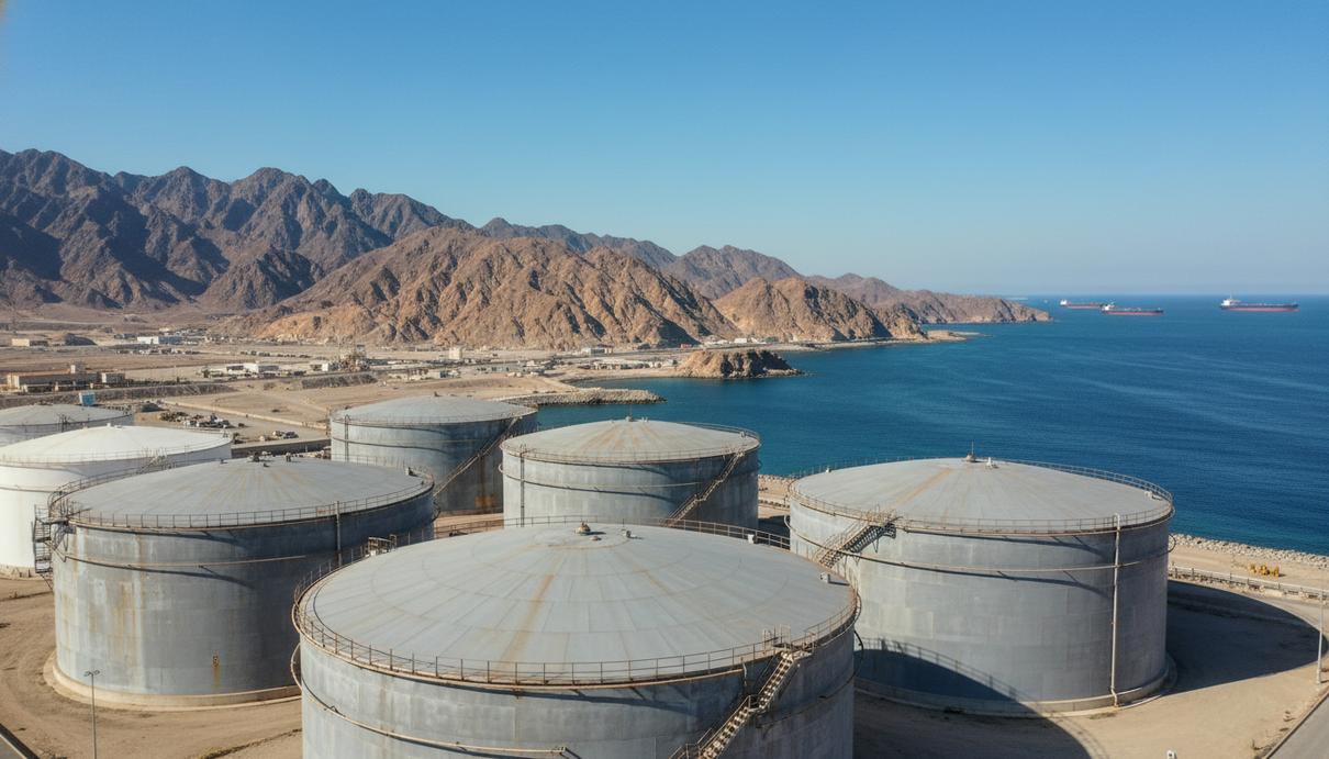 Промышленные резервуары для хранения нефти на морском побережье на фоне гор и танкеров на рейде.