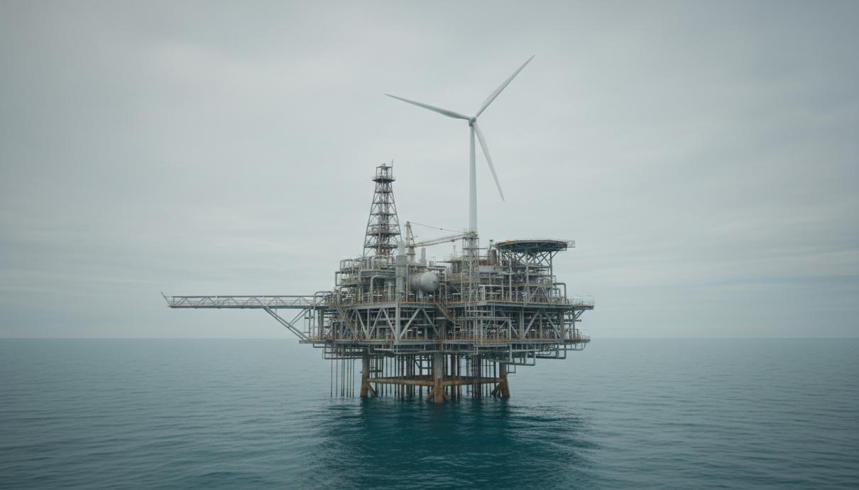 Газовый проект «Дэви»: возобновление добычи в Северном море Газовая платформа в Северном море с установленным на ней ветрогенератором на фоне пасмурного неба.