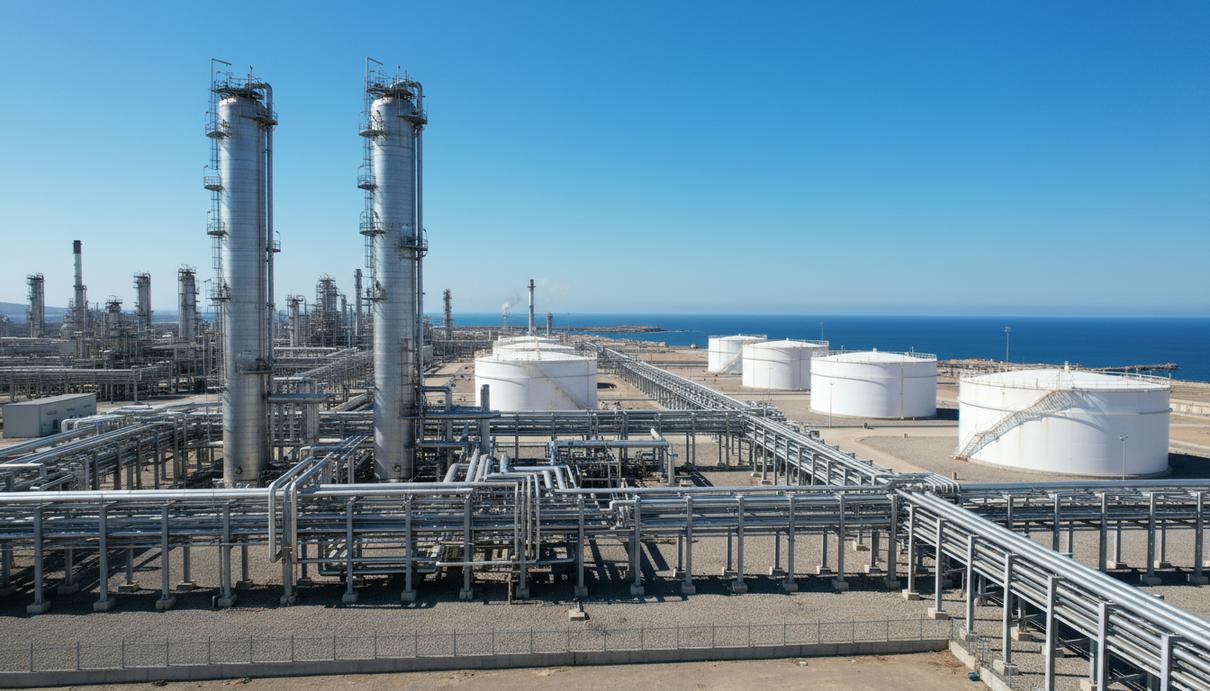 Вид на крупный нефтеперерабатывающий завод с промышленными установками и резервуарами у побережья.
