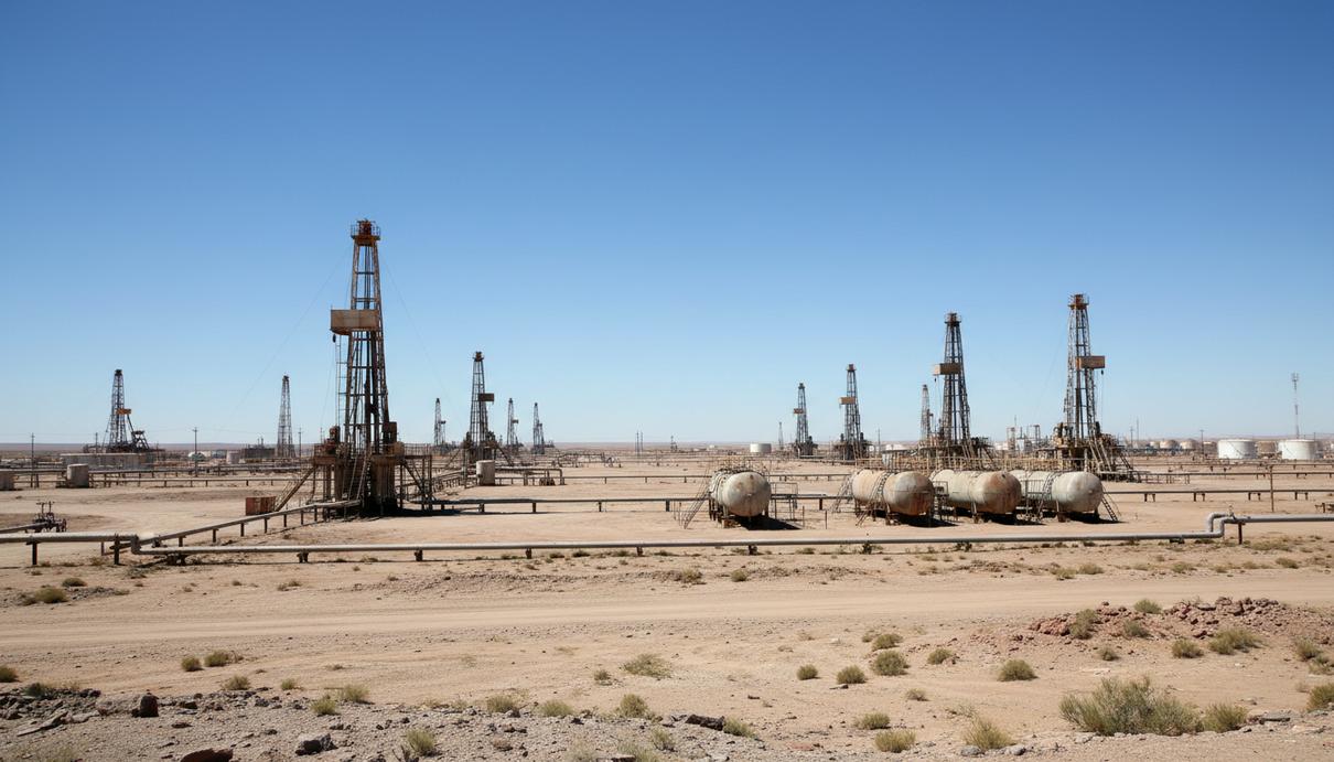 YPF направит 25 млрд долларов на развитие экспорта нефти из Вака-Муэрта Промышленный пейзаж с нефтяными вышками, резервуарами и трубопроводами в пустынной местности Аргентины