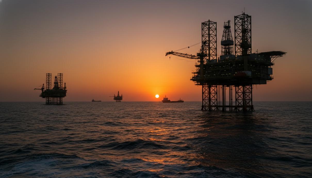 Eco Atlantic покупает JHI Associates: расширение активов в южной Атлантике Морская буровая платформа на шельфе в Атлантическом океане на фоне закатного неба