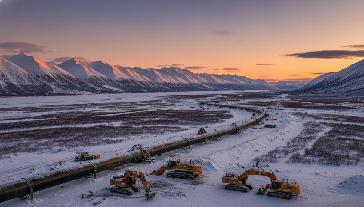 Проект Alaska LNG: соглашение с ConocoPhillips обеспечило базу для инвестиций Строящийся магистральный газопровод большого диаметра на фоне тундры и заснеженных гор Аляски.