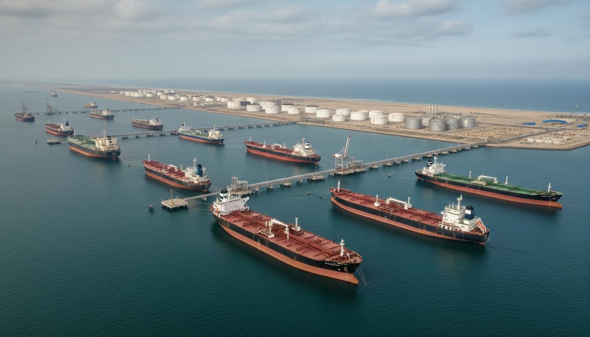 Нефтяные танкеры на якорной стоянке в море вблизи портовых терминалов и резервуаров острова Харг