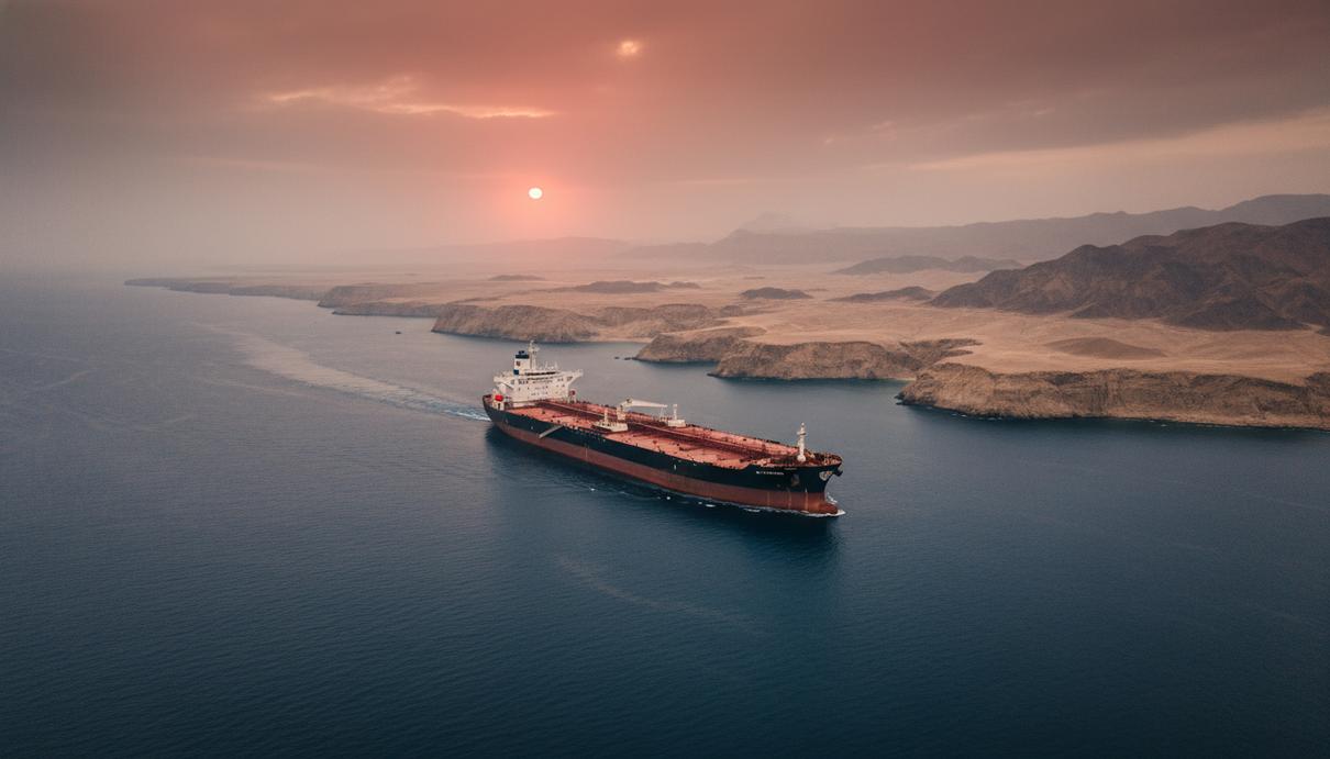 Крупный нефтяной танкер идет по спокойной воде на фоне холмистого побережья под облачным небом