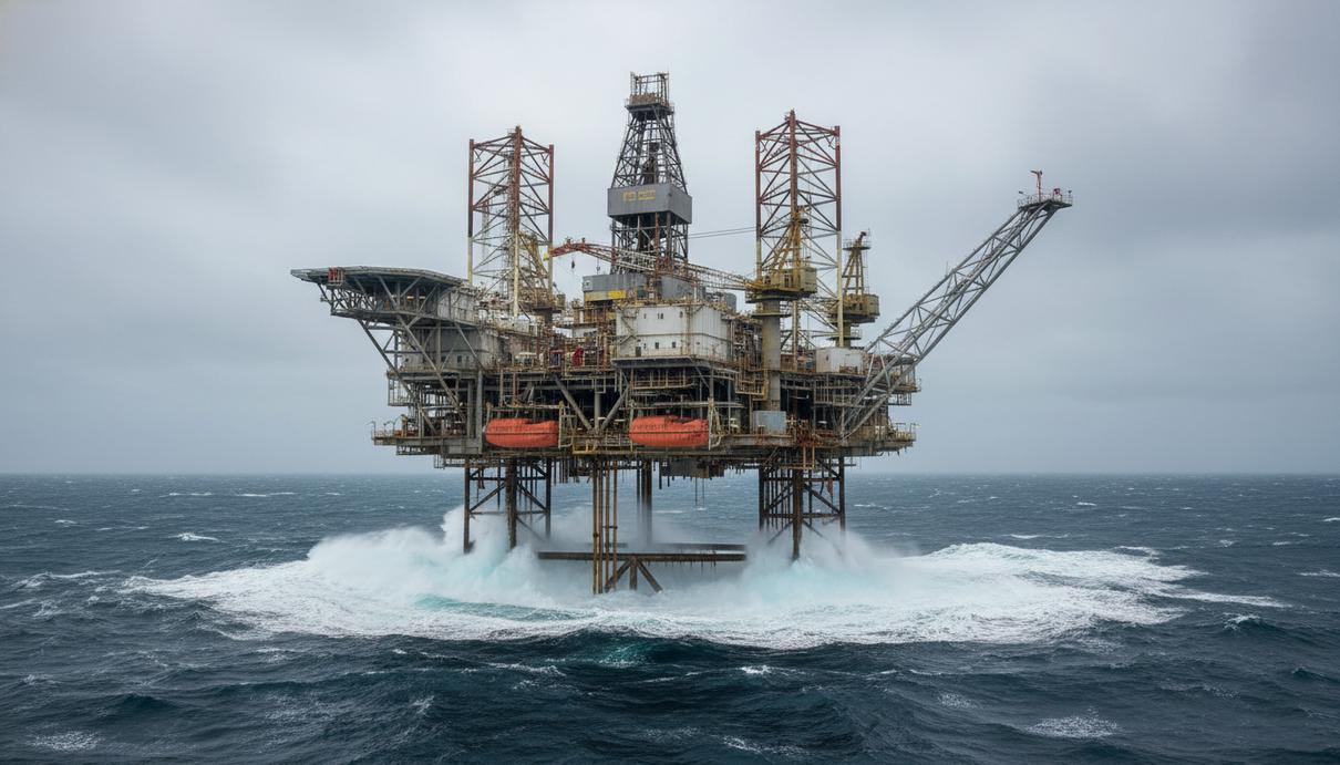 Буровая нефтегазовая платформа в открытом северном море под облачным небом, волны бьются об металлические опоры