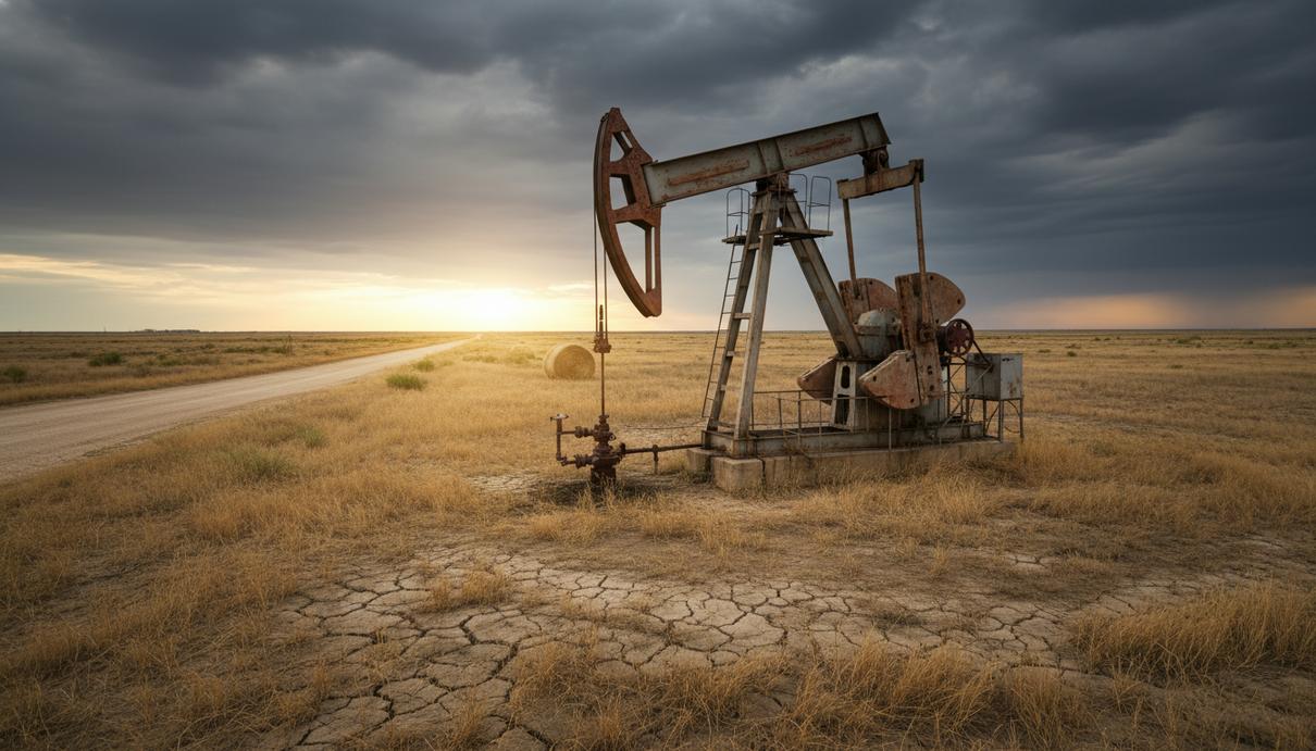 Одинокий старый нефтяной насос-качалка работает посреди бескрайней полупустыни под облачным небом Техаса.
