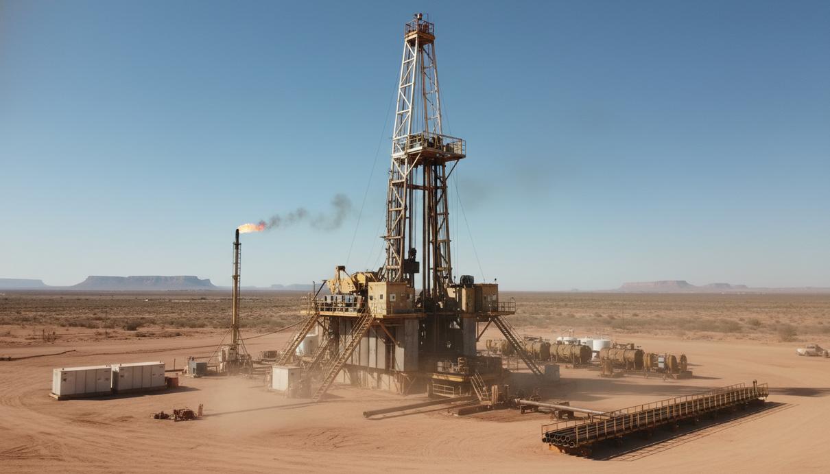 Буровая установка на нефтяном месторождении в пустынной местности Техаса под ясным небом