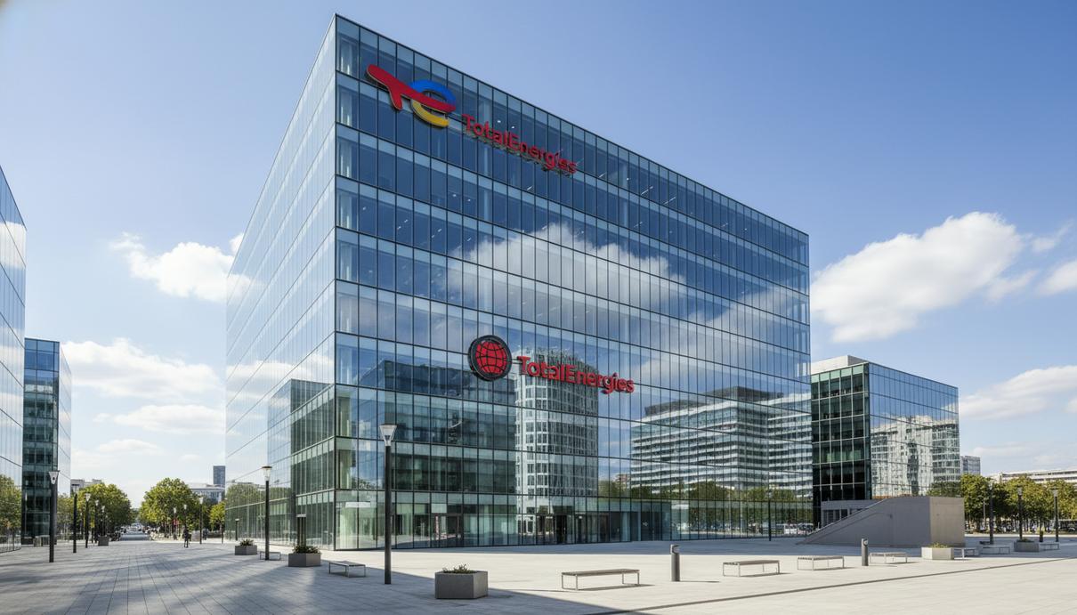 Современное стеклянное здание штаб-квартиры компании TotalEnergies в Париже на фоне голубого неба