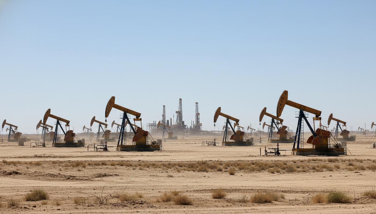 Нефтяные вышки-качалки в пустынной местности Техаса на фоне ясного неба.