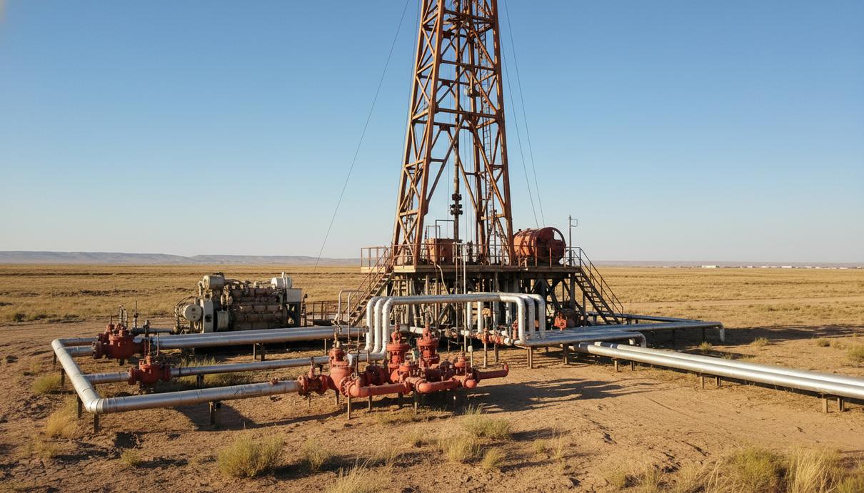 Современная буровая установка и газовые трубопроводы на фоне полупустынного пейзажа в Узбекистане