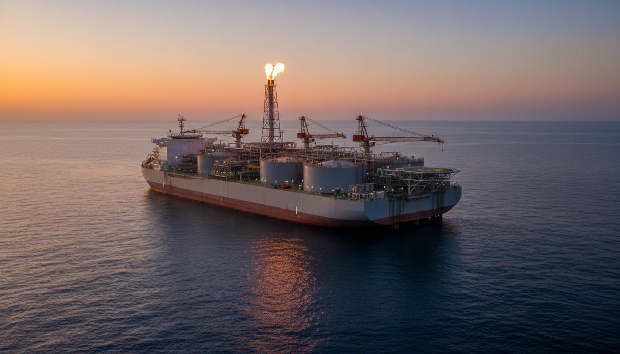 Плавучее нефтедобывающее судно на глубоководном шельфе в открытом море во время заката.